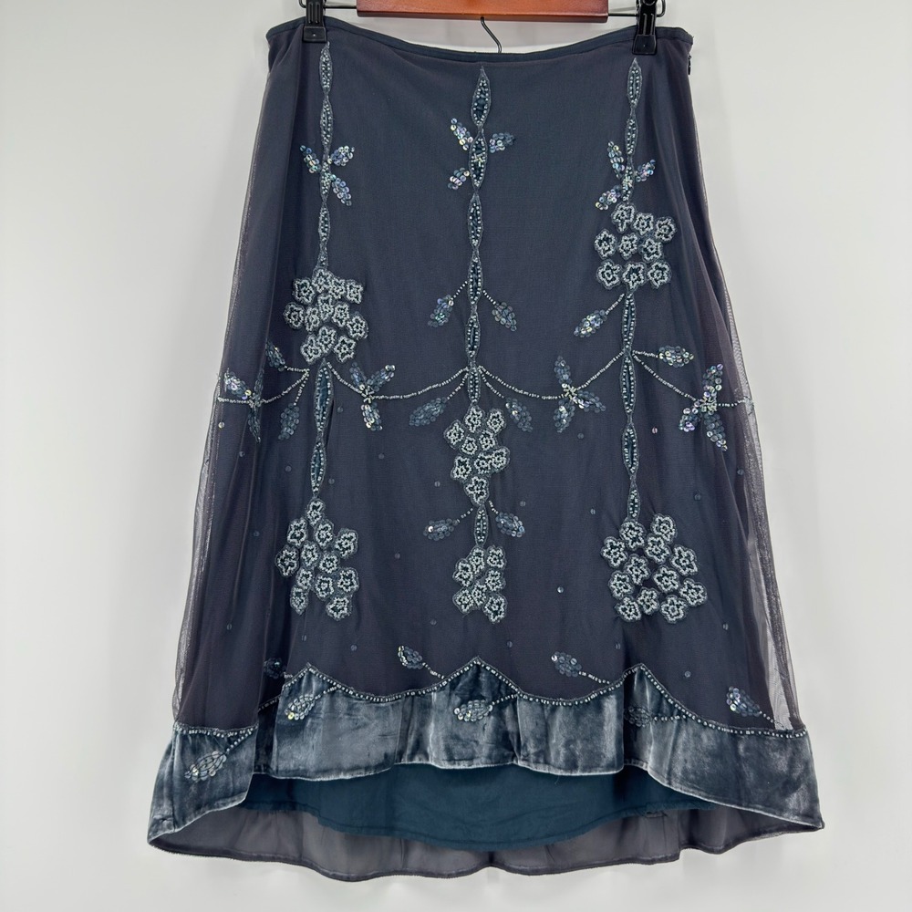 Anthropologie Lithe Beaded‎ Sequin Tulle Overlay Midi Skirt Gray Size 10 Boho